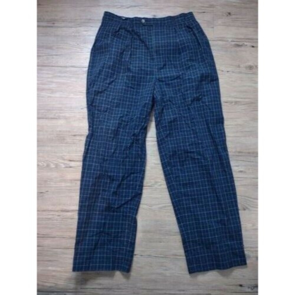 Vintage Men's Tommy Hilfiger Pleated Navy Blue Plaid Pants Size 30W x 34L